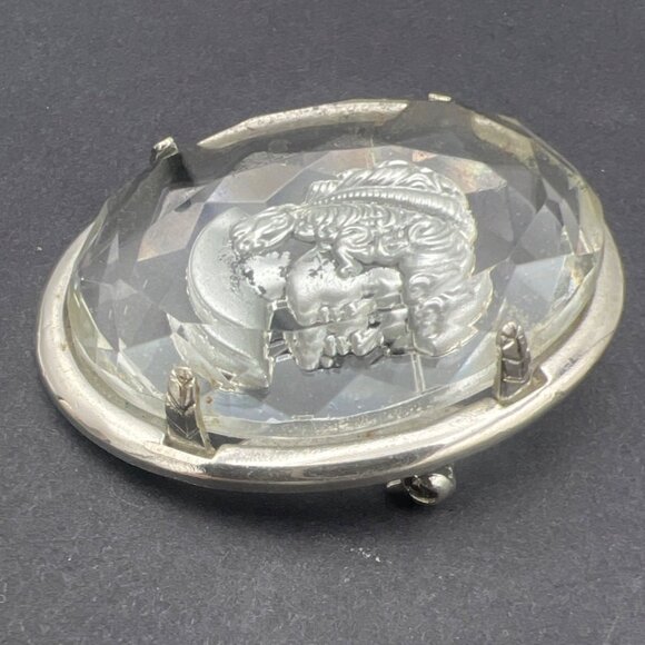 Vintage Warner Cameo Brooch Pin Intaglio Faceted Glass Silver Tone Signed 2X1.5" - Picture 6 of 11
